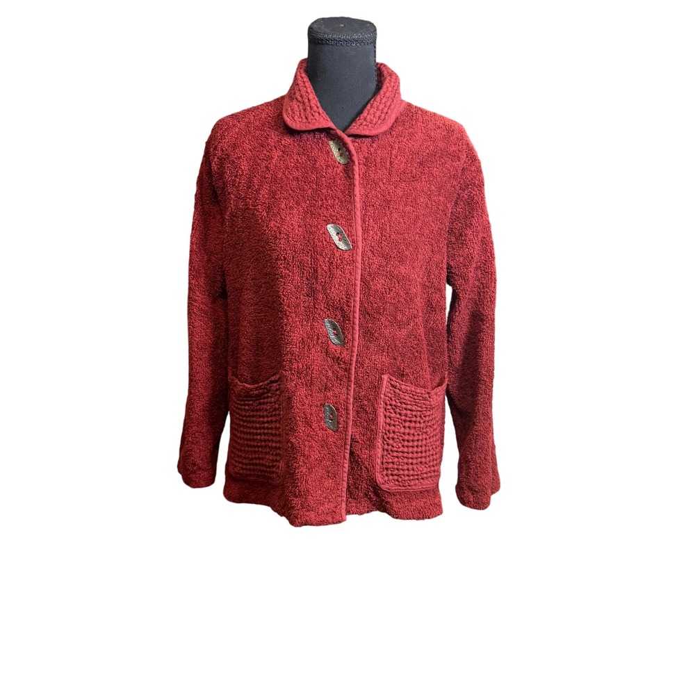 VTG 90's Nannette Keller Jacket Women PM Red Terry Cloth Waffle Knit Toggle USA